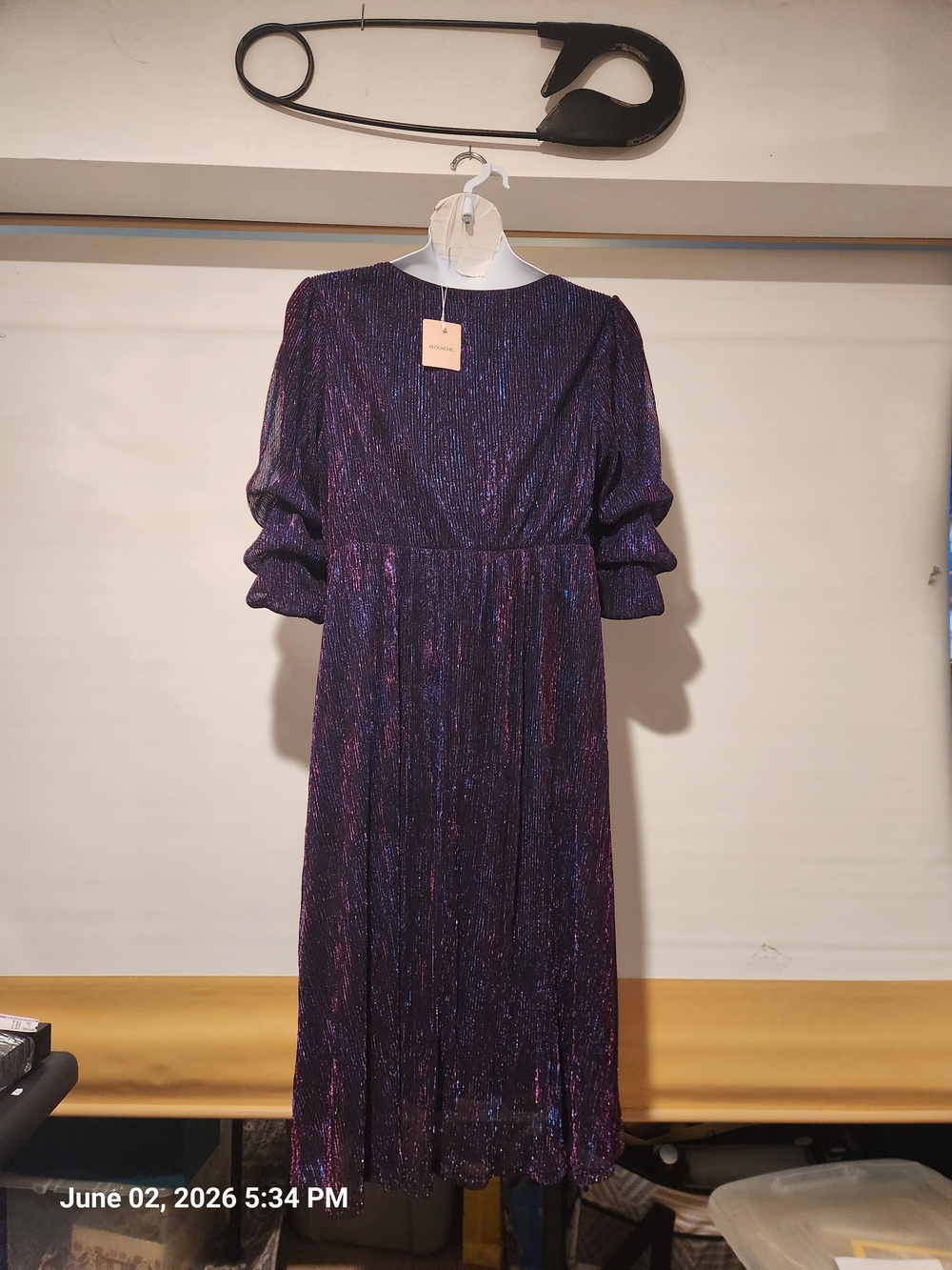 BloomChic Iridescent Purple Midi Dress with Puff Sleeves - Picture 5 of 7